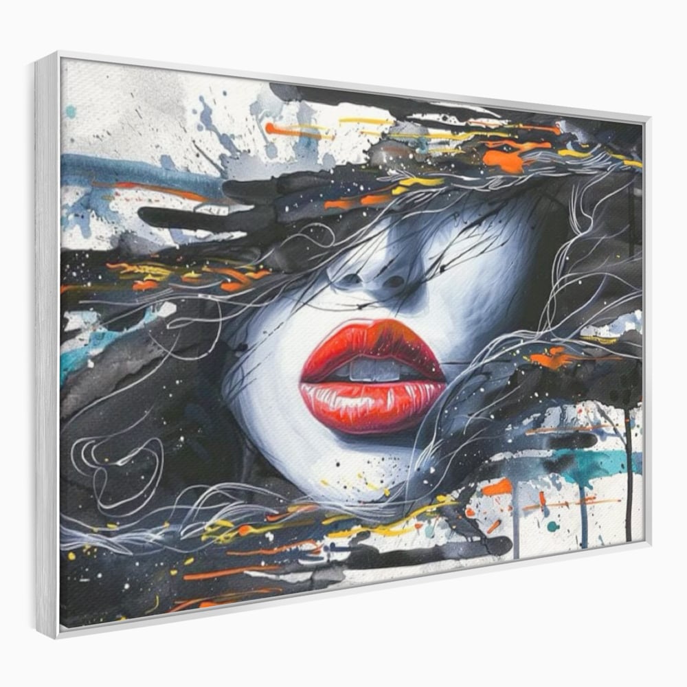 Tablou canvas cu tablou canvas cu buze rosii si par abstract, in rama de aluminiu argintiu
